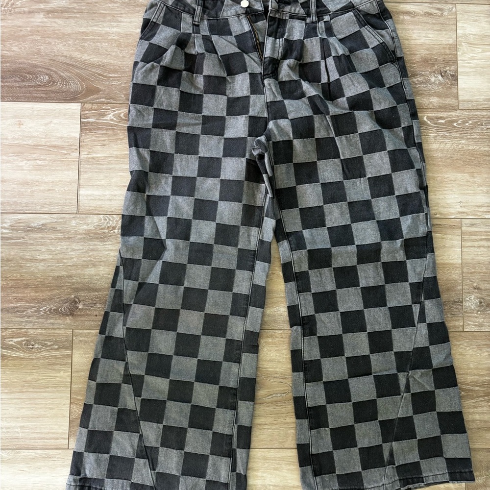 Checkered Black and Gray Flare Jeans